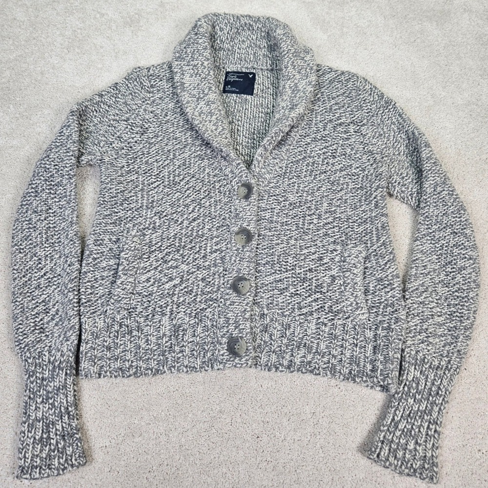 American Eagle Outfitter Shawl Collar Cardigan Sweater Marled Gray L Cozy Angora